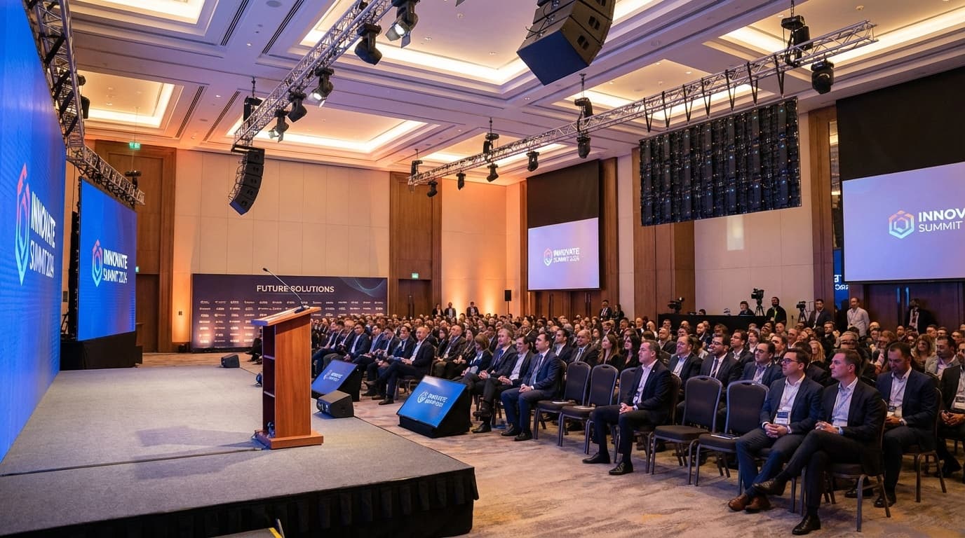 Företagsevent i ballsal med scenbelysning