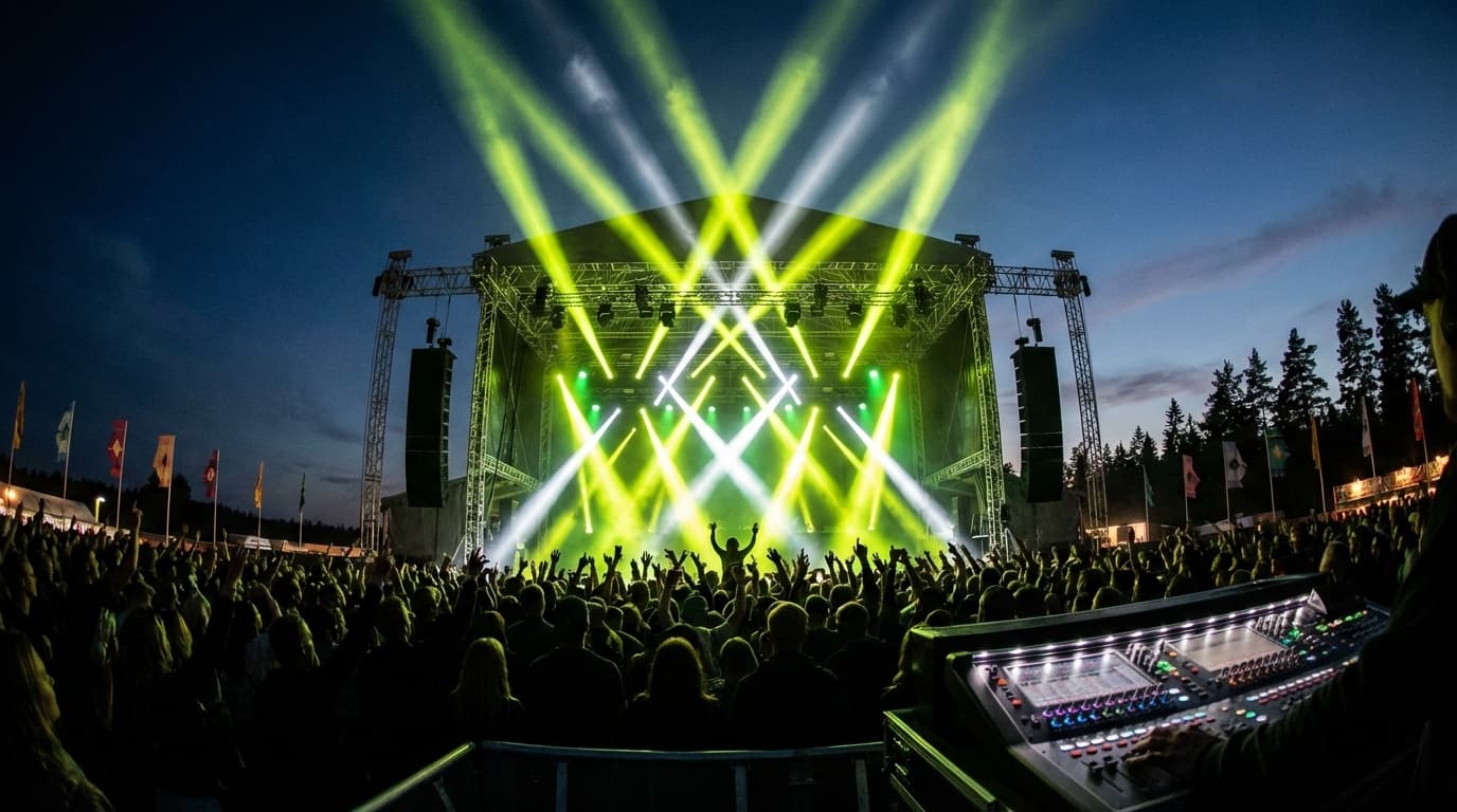 Utomhuskonsert med dramatisk belysning