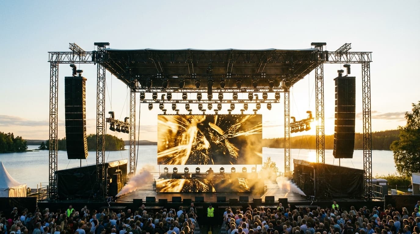 Komplett utomhusscen med ljud- och ljusrigg